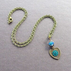 Artisan Vintage Charm Bronze Blue Rhinestone Heart Necklace Bohemian Rhapsody Funky Heart Something Blue Jewelry