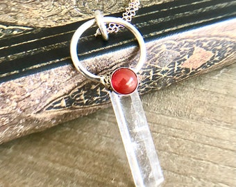 Sterling Silver Red Carnelian & Clear Quartz Point Pendant Raw Beauty Natural Crystal