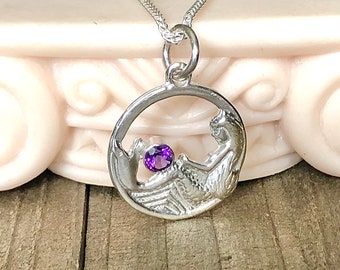 Sterling Silver Mermaid Pendant Amethyst Faceted Gemstone Wheat Chain Carved Artisan Charm Bezel Set Blue Gem Sea Life Fantasy Magical Siren