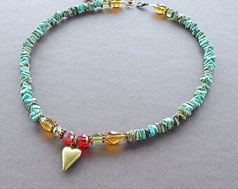 Have A Heart Bronze Heart & Turquoise Gemstone Necklace With Swarovski Crystals
