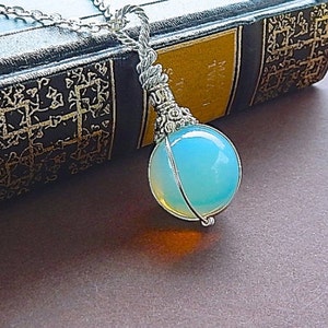 Fortune Teller Opalite Crystal Ball Necklace Pendant With Long Silver Chain