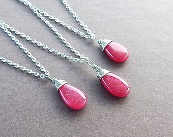 Genuine Ruby Gemstone Silver Wire Wrapped Pendant Necklace Boho Style