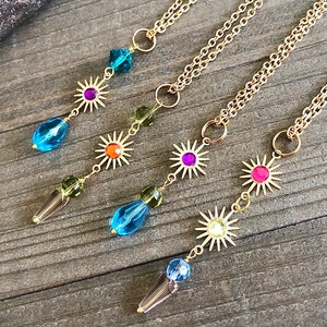 Atomic Star Brass Lavalier Style Necklaces Vintage Gold Filled Chain Faceted Crystal Stones Retro Jewelry Bohemian Wear Gypsy Gems Celestial image 2