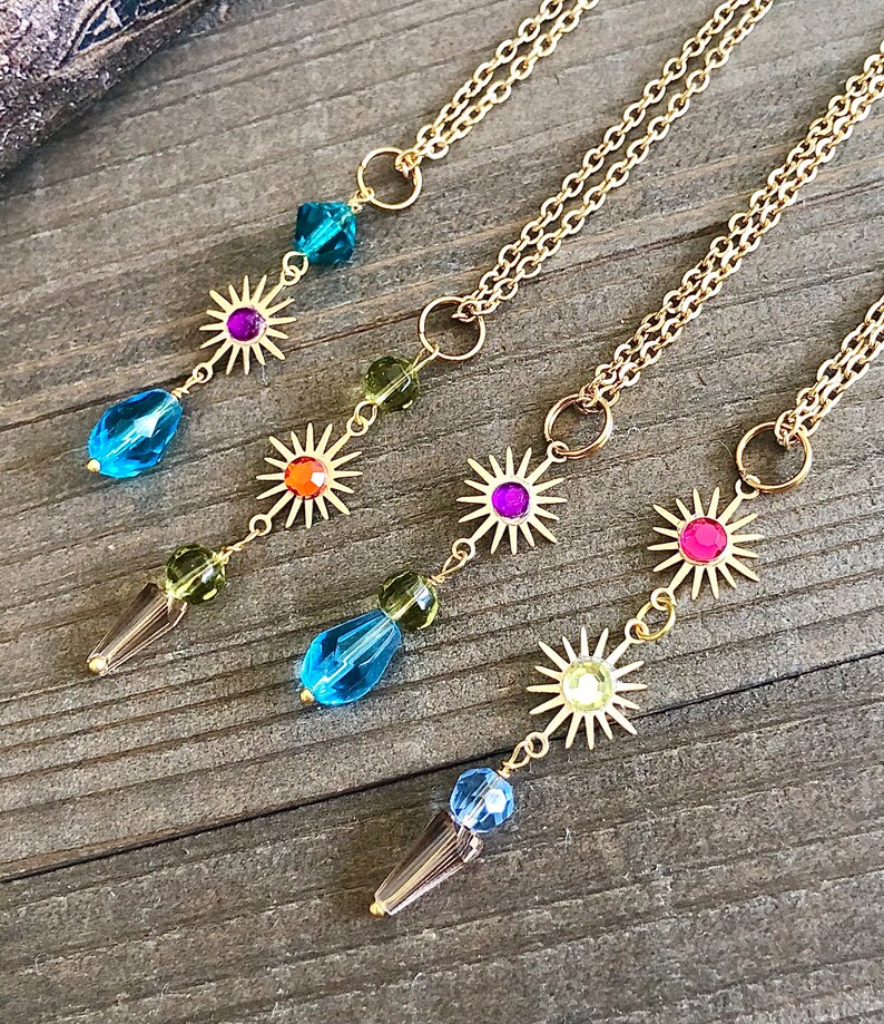 Atomic Star Brass Lavalier Style Necklaces Vintage Gold Filled Chain Faceted Crystal Stones Retro Jewelry Bohemian Wear Gypsy Gems Celestial image 2