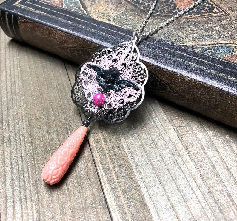 Steampunk Cherub Necklace Pendant Victorian Steam Punk Jewelry Pink Black Angel Charm Artisan OOAK Victorian Pendant Boho Memento Mori