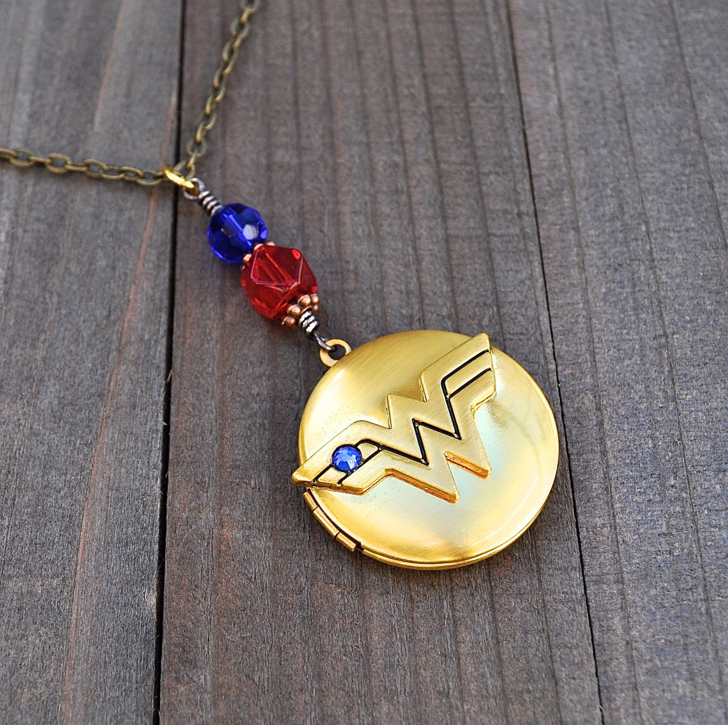 Wonder Woman Gold Locket Necklace Superhero Comic Charm Blue & Etsy