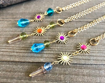 Atomic Star Brass Lavalier Style Necklaces Vintage Gold Filled Chain Faceted Crystal Stones Retro Jewelry Bohemian Wear Gypsy Gems Celestial