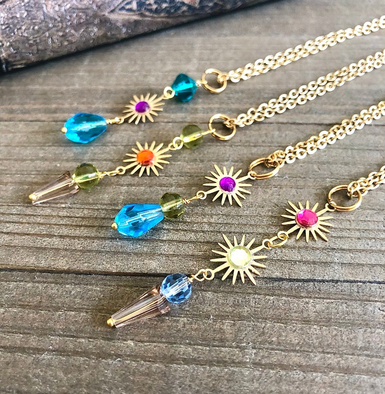 Atomic Star Brass Lavalier Style Necklaces Vintage Gold Filled Chain Faceted Crystal Stones Retro Jewelry Bohemian Wear Gypsy Gems Celestial image 1