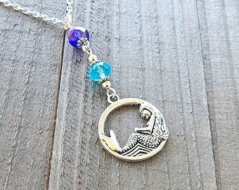 Silver Mermaid Necklace Enchanted Waters Eternity Circle Blue Crystal Pendant By Rayvenwoodmanor Jewelry