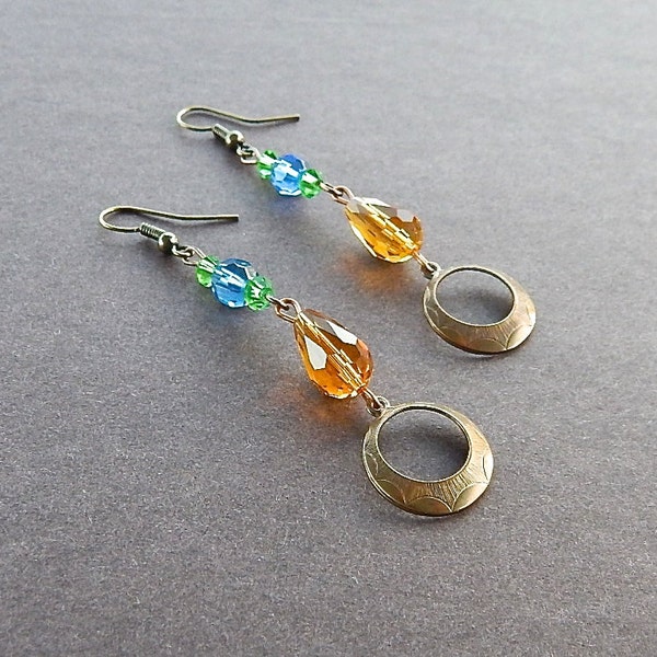 Crystal Artisan Vintage Bronze Gypsy Hoop Earrings Deep Green Sea Blue & Golden Color