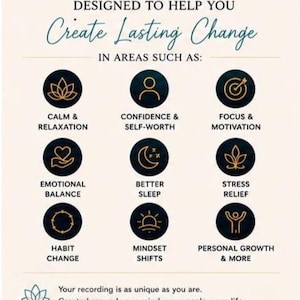 May include: A graphic with the text DESIGNED TO HELP YOU Create Lasting Change IN AREAS SUCH AS: followed by nine dark circular icons with gold line art representing calm, confidence, focus, balance, sleep, stress, habits, mindset, and growth.