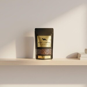 Op de afbeelding: Een zwarte koffiezak met een gouden label en de tekst "KOPI LUWAK". De zak heeft een doorzichtig venster met koffiebonen. De zak staat op een houten plank met een stapel boeken en een klein wit kopje.