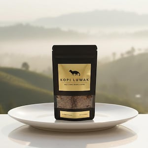Könnte beinhalten: Ein schwarzer Kopi Luwak Kaffeebeutel mit einem goldenen Etikett mit einer Zibetkatzen-Silhouette. Der Beutel, der Kaffeebohnen enthält, steht auf einem weißen Teller. Der Hintergrund zeigt eine verschwommene Landschaft.