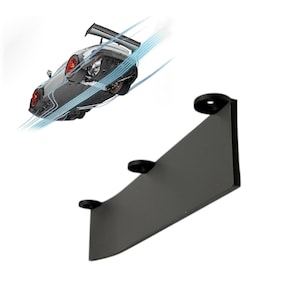 May include: A black metal shelf with three circular mounting points. Above, a digitally rendered silver sports car with red wheels is depicted in motion, with blue speed lines.