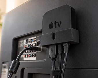 Box Holder For Apple TV Gen 1 2 3 - Backside Invisible Behind Hidden Bracket No Drill Mount | Modern Black Insert Organiser Black Remote |