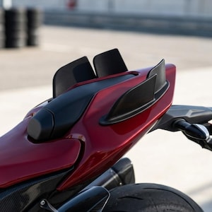 May include: A deep red motorcycle tail section featuring a smooth, glossy finish with integrated matte black aerodynamic winglets. The rear assembly includes a sculpted seat cowl, a dark carbon fiber textured lower panel, and a black tire.