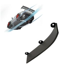 May include: A black car spoiler with three mounting holes is featured in the image. A gray sports car with red wheels is depicted in motion above the spoiler, with blue speed lines. The spoiler has a curved design.