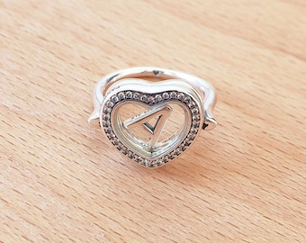 Alphabet Floating Heart Locket Ring,925 Sterling Silver Letter