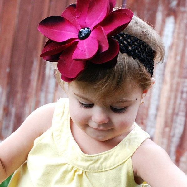 Large Deep Purple Flower with Black Gem and Black Crochet Headband