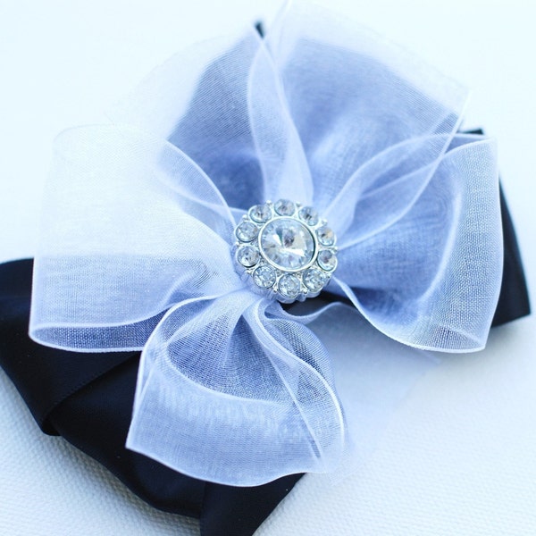 Elegant Black Satin and White Sheer Double Stacked Pinwheel Bow  with Gem Center