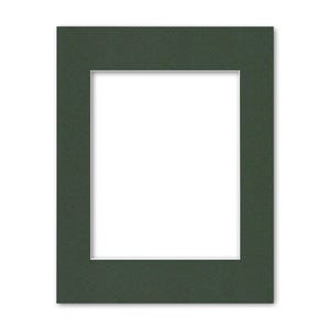 May include: A dark green mat board with a rectangular opening in the center. The mat board is designed to be used for framing artwork or photographs.