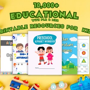 Könnte beinhalten: Eine Sammlung druckbarer Bildungsressourcen für Kinder, darunter ein Vorschul-Alphabet-Arbeitsbuch, ein Malbuch, Affirmationskarten und ein Formenblatt. Die Ressourcen enthalten farbenfrohe Illustrationen und sind so konzipiert, dass sie für junge Lernende Spaß machen und fesselnd sind.