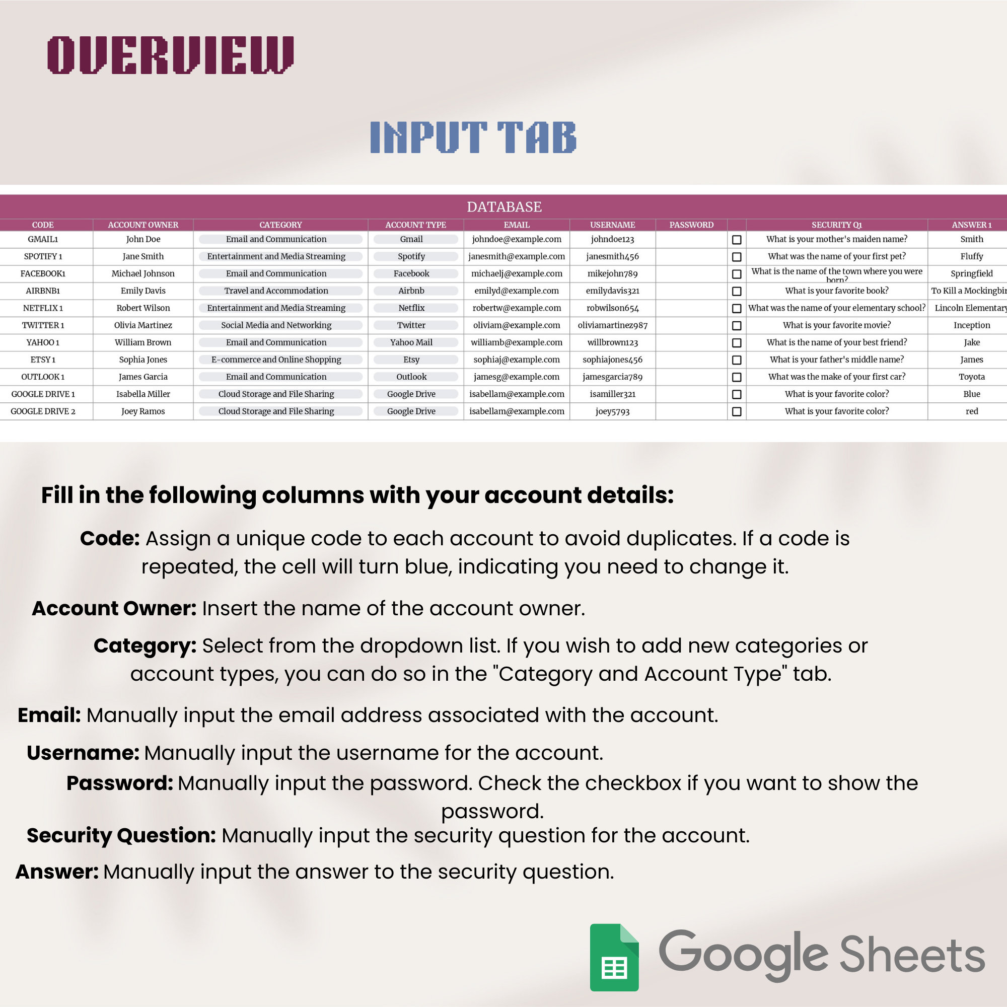 Password and Account Tracker Template for Google Sheets | Securely ...
