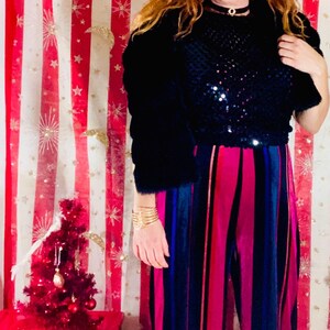 70s Black sequined/knit stretchy short sleeve blouse