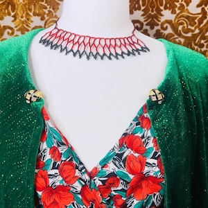 90s Red and Black beaded bib lace choker necklace goth vampire grunge