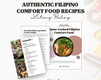 Könnte beinhalten: Ein Kochbuchcover mit einem rosa und braunen Design, das eine Schüssel mit philippinischem Komfortessen zeigt. Der Titel lautet "Hausgemachte philippinische Hausmannskost" und der Untertitel lautet "Eine Sammlung klassischer philippinischer Rezepte, die die Wärme und Aromen von hausgemachten Mahlzeiten in Ihre Küche bringen."