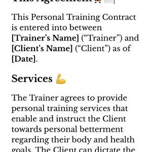 Custom Personal Trainer Contract Template, Fitness Services Agreement, Workout Program Agreement, Legal Fitness Contract