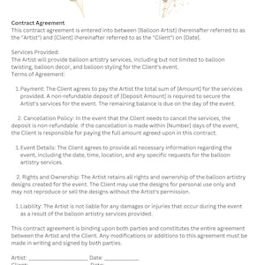 Modèle de contrat d'artiste de ballons | Contrat de styliste de ballons | Tarifs des guirlandes de ballons, toile | Cartes de visite en forme de ballon | Planificateur d'événements