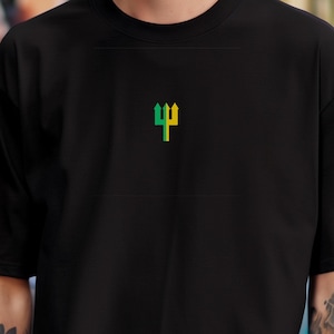 May include: Black t-shirt with a green and yellow trident logo on the front.