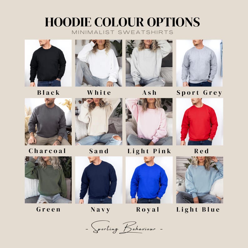 May include: A chart displaying 12 different colour options for hoodies. The colours are black, white, ash, sport grey, charcoal, sand, light pink, red, green, navy, royal, and light blue.