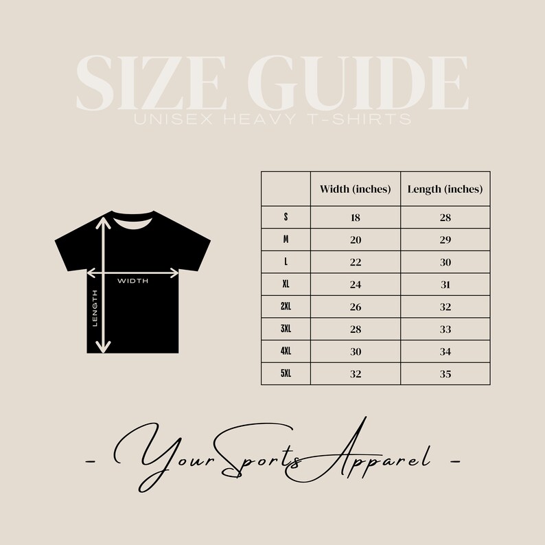 K&ouml;nnte beinhalten: Gr&ouml;&szlig;entabelle f&uuml;r Unisex-Heavy-T-Shirts. Die Tabelle zeigt die Breite und L&auml;nge in Zoll f&uuml;r die Gr&ouml;&szlig;en S bis 5XL.
