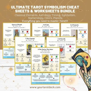 Könnte beinhalten: Ein Satz druckbarer Tarot-Spickzettel und Arbeitsblätter. Die Blätter zeigen farbenfrohe Illustrationen von Tarotkarten, darunter die Königin der Stäbe, 6 der Kelche, 8 der Pentakel, 7 der Wagen, 3 der Schwerter und 0 Der Narr oder Der Joker. Die Blätter beinhalten auch die aufrechte und umgekehrte Bedeutung jeder Karte sowie andere Eigenschaften, die mit der Karte verbunden sind.