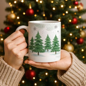 Snowy Pine Tree Winter Scene Mug, 11oz 15oz Winter Themed Forest Coffee Mug