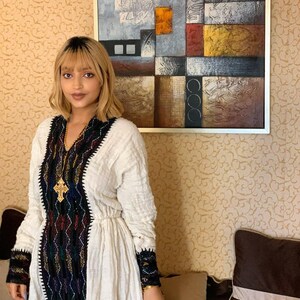 White Habesha Fetil | Kemis with Dark Tibeb Embroidery