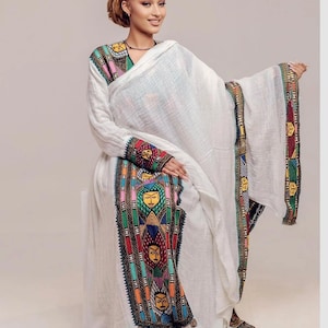 Handwoven Ethiopian Dress with Detailed Tibeb Embroidery