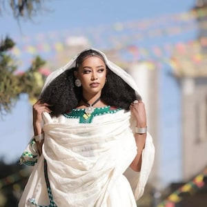 Elegant Ethiopian Habesha Kemis with Green and Yellow Tibeb – Traditional Handwoven Dress