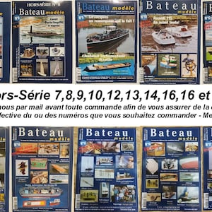 Può includere: Una collezione di 10 riviste in lingua francese intitolata "Bateau modèle" che presentano progetti di costruzione di modelli di barche. Le riviste sono numerate 7, 8, 9, 10, 12, 13, 14, 16, 16 e 17. Il testo "Hors-Série 7,8,9,10,12,13,14,16,16 et 17" è stampato in grassetto nella parte superiore dell'immagine.
