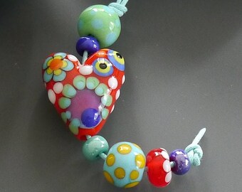 Handmade lampwork bead set |  set | heart | SRA  |  artisan glass |  Silke Buechler