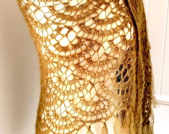 L’Opera Silk Mohair Crochet Shawl | Luxury Bronze Wrap Scarf | Lightweight | Fringe Trim | One of a Kind