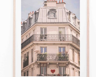 Parisian building with a heart on the facade,  printable wall art
