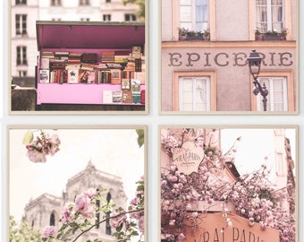 Paris printable set of four photographs in pink tones - Paris set of 4 digital prints - Paris photography - Paris theme decor -