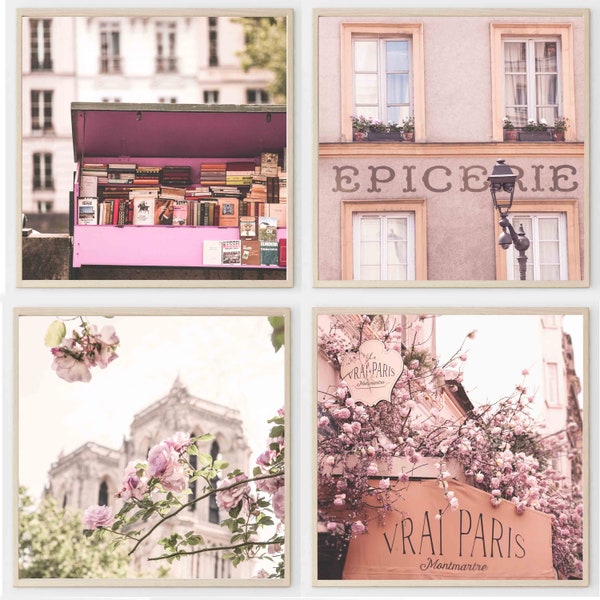Paris printable set of four photographs in pink tones - Paris set of 4 digital prints - Paris photography - Paris theme decor -