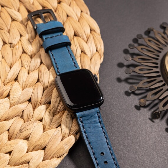 Blue Leather Apple Watch Band: Engraved Genuine Leather  display picture 1