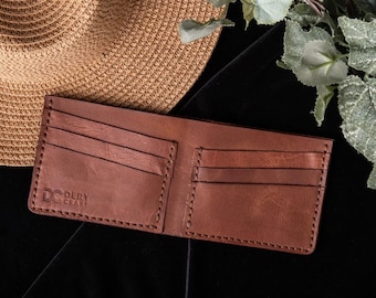 Personalized Crazy Horse Leather Bifold Wallet - Slim Handmade Wallet for Men