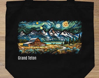Grand Teton National Park Öko-Einkaufstasche | Von Van Gogh inspirierte Bio-Baumwolltasche, nachhaltige Naturtasche, umweltfreundliche wiederverwendbare Geschenktasche