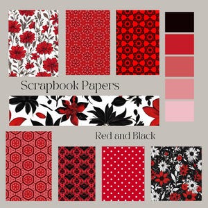 Może przedstawiać: Kolekcja papierów do scrapbookingu w kolorach czerwonym i czarnym. Wzory obejmują motywy kwiatowe, geometryczne i grochy. Widoczny jest również tekst "Scrapbook Papers" i "Red and Black".